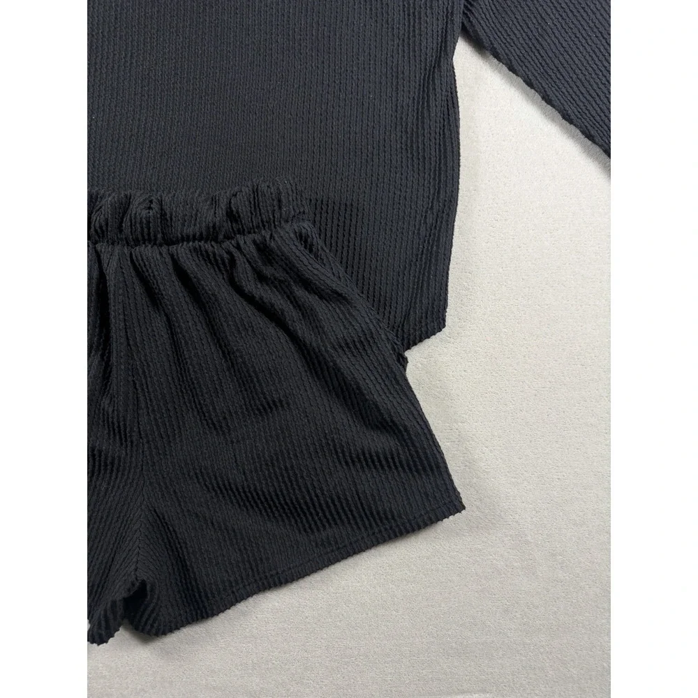 Fashion Nova Ribbed 2 Piece Lounge Set Black Henley Top Boxer Shorts Medium‎